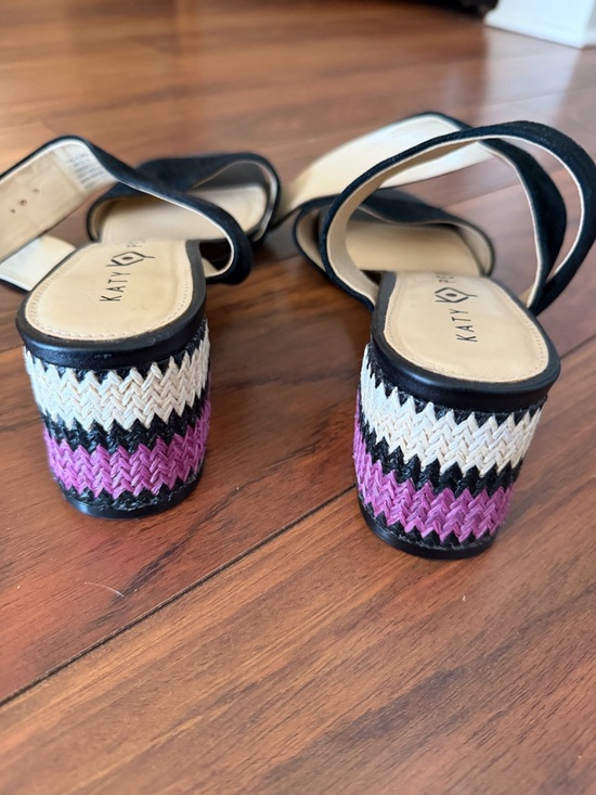 Katy Perry Collections Shoes - Katy Perry Collections Black Strap Wedge Sandals with Pink Chevron Heel 7.5